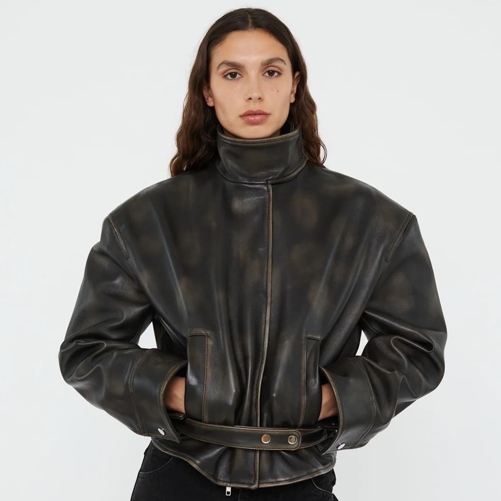 NWT Christopher Esber Eddie Burnished Leather Funnel Neck Leather Jacket Black